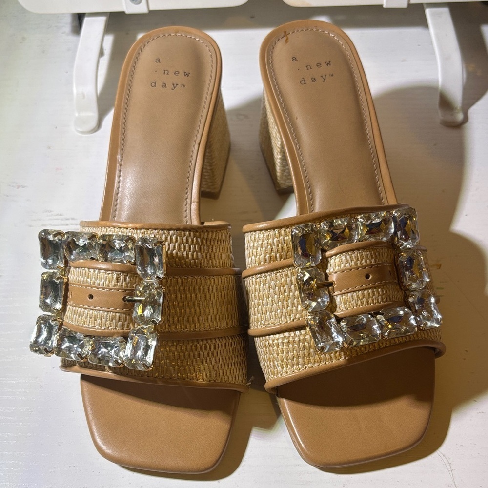 A New Day Tan Woven Mules with Crystal Buckle